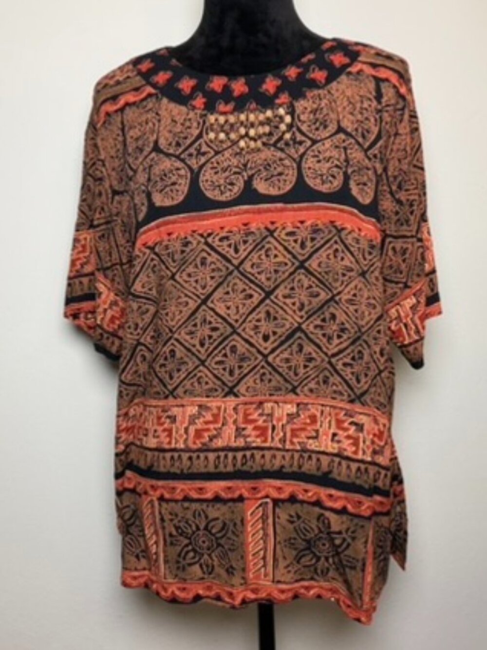 Vintage Carole Little Black Rayon Ethnic Print Beaded Neck Tunic Top Medium